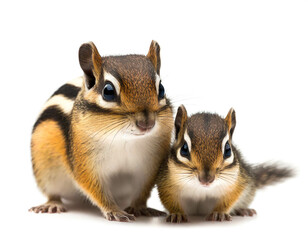 Fototapeta premium Streifenhörnchen mit Baby isoliert auf weißen Hintergrund, Freisteller 