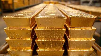 A large stack of gold bars on a table. The bars are golden and have a reflective surface.
