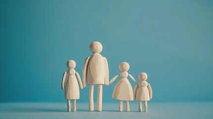 A blue background shows parent and child figures, symbolizing family values, health, adoption, custody, social support, demography, sociology, upbringing, education, and unity.