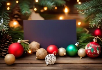 Obraz premium A blank greeting card surrounded by vintage Christmas decorations on a wooden background