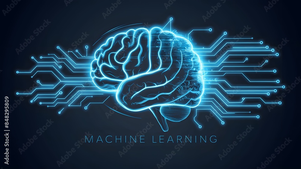 Poster the brain is depicted in blue, while the circuits arein a lighter shade. the words 'machine learning