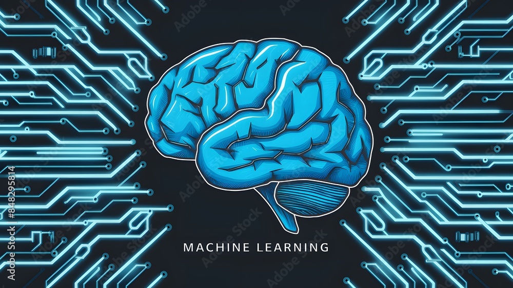 Poster the brain is depicted in blue, while the circuits arein a lighter shade. the words 'machine learning