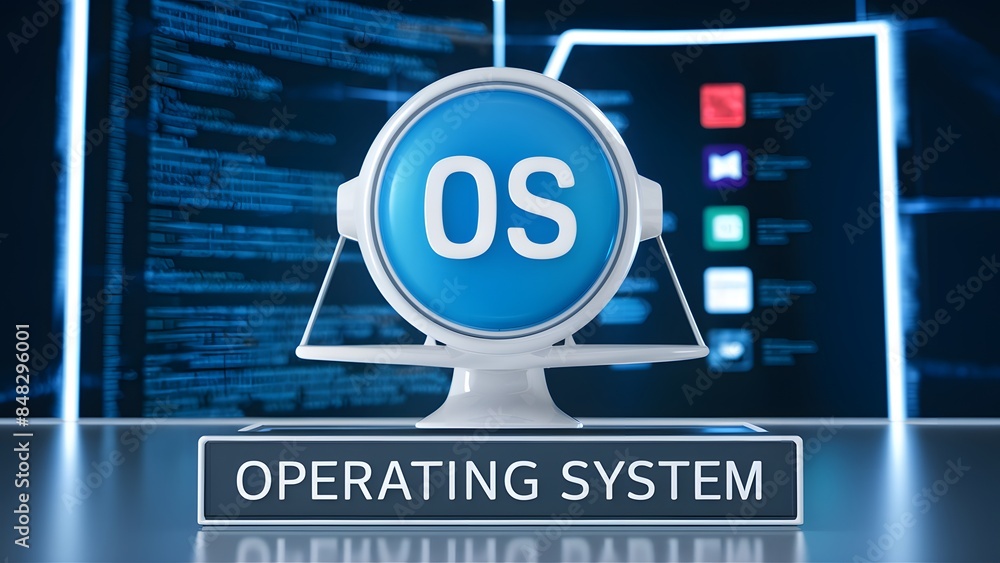 Fototapete a graphical representation of a computer monitor with a blue circle on top displaying the letters 'o