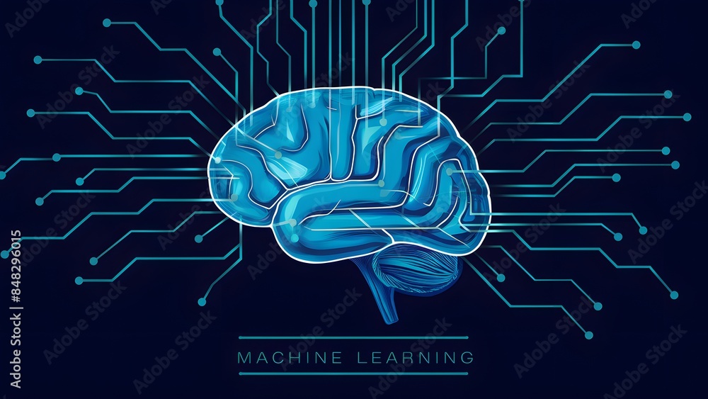 Poster the brain is depicted in blue, while the circuits arein a lighter shade. the words 'machine learning