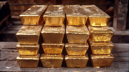 A collection of gold bars in stacks, with the gold bars having a shiny gold color.