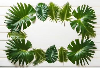 A flat lay of palm leaves on a white wooden background with empty space for text.