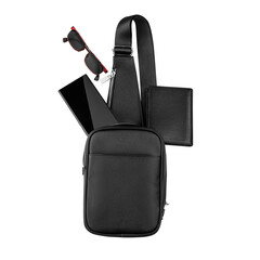 Naklejka premium Convenient and compact handbag case of water-repellent fabric with zipper for storage and carrying of portable mobile charger, headphones and accessories, isolated on white background