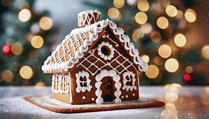 Tasty gingerbread house, Christmas lights. Delicious festive dessert. Merry Christmas,Happy New Year