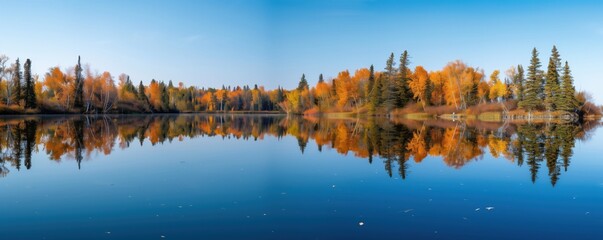 Fototapeta premium Serene autumn landscape with vibrant fall foliage reflecting on a calm lake under a clear blue sky, showcasing nature's picturesque beauty.