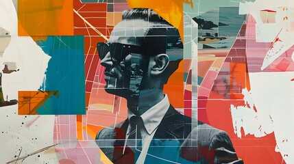 Businessman in Surreal Constructivist Pop Art Deco Collage with Vibrant Geometric Overlapping Elements and Experimental Digital Expression