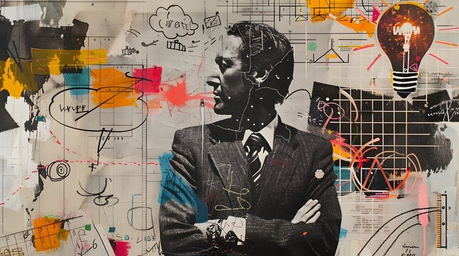 Businessman's Surreal Creative Collage with Photographic Elements,Thought Bubble and Vibrant Multicolor Palette