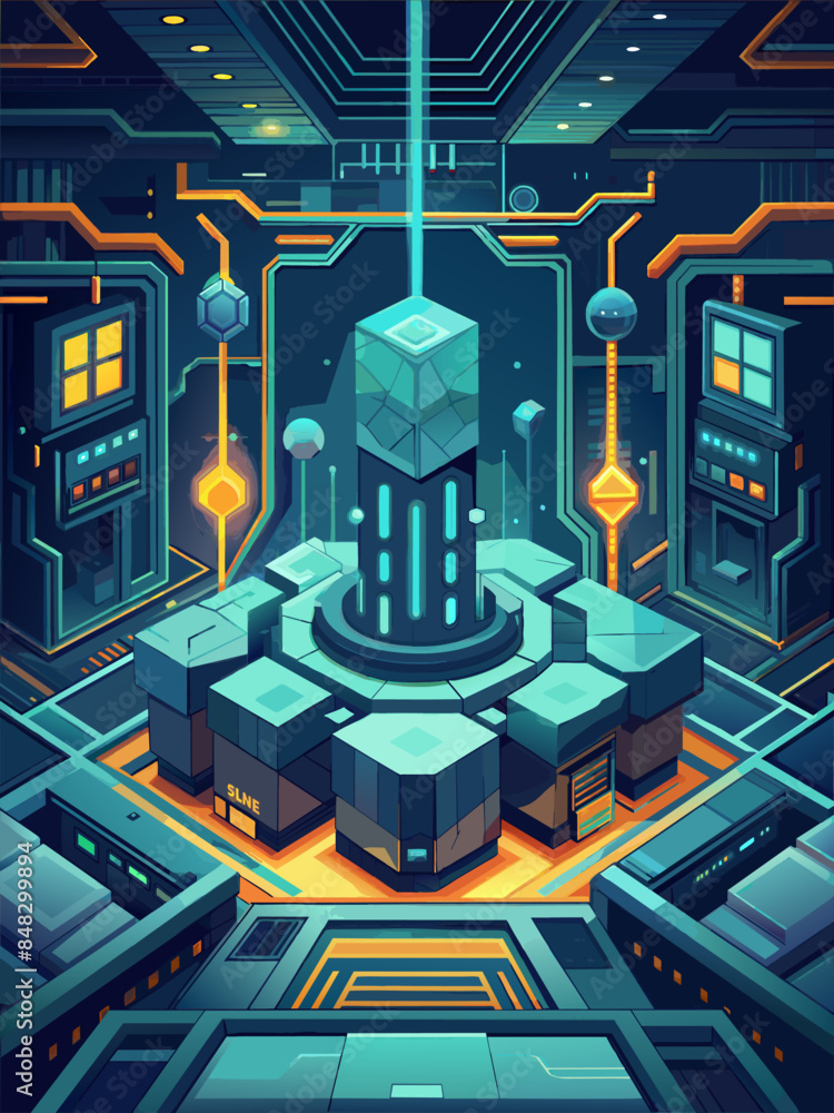 Poster a futuristic cityscape with a large, glowing cube in the center. the cube is surrounded by smaller c