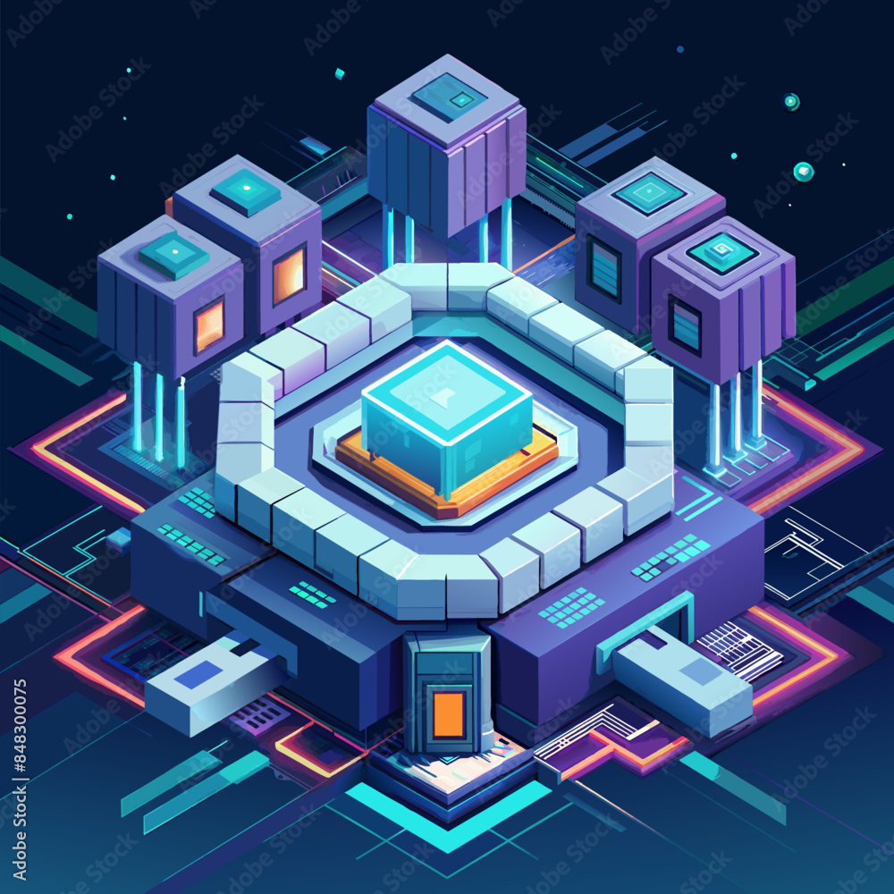 Poster a futuristic cityscape with a large cube in the center. the cube is surrounded by smaller cubes and 