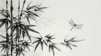 Obraz premium Elegant black and white illustration of bamboo and a dragonfly, capturing tranquility and nature's beauty with minimalist art.