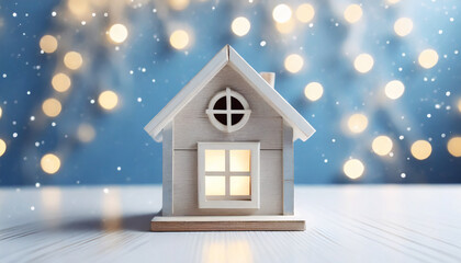 Naklejka premium Cute miniature wooden house, Christmas lights. Festive decoration. Merry Christmas, Happy New Year.