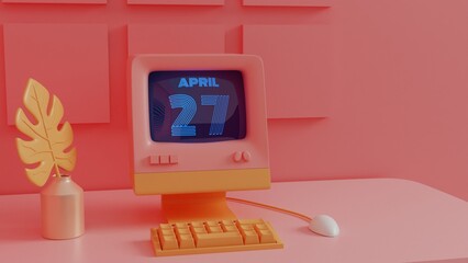 Neon Retro Calendar- April 27 Displayed on Vintage Computer Screen with 80s Style Graphics
