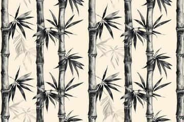 Naklejka premium Seamless monochrome bamboo pattern on beige background. Elegant tropical wallpaper design featuring bamboo stalks and leaves.