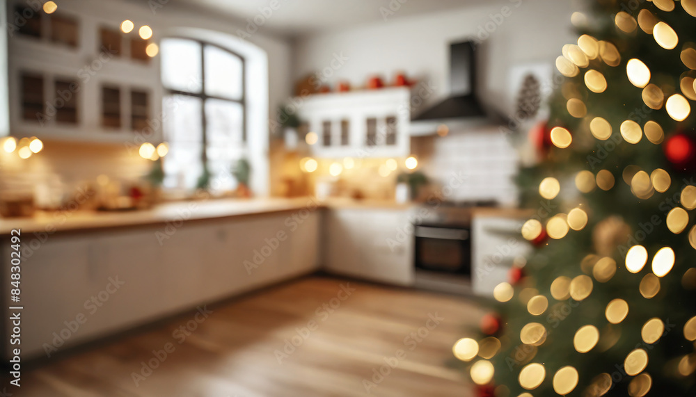 Wall mural blurred interior of modern kitchen with christmas tree. festive background. happy new year.