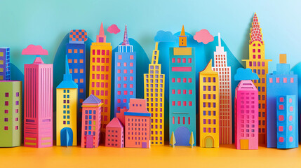 Brightly colored city buildings paper art