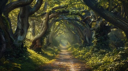 Naklejka premium Forest Path Canopy A view of a path lined with trees, their branches adorned with brilliant foliage, creating a sense of magic and mystery