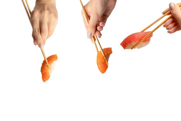 Sushi with salmon in a woman hand isolated.