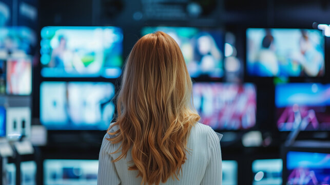 Back view Portrait of Blonde Woman Staring at big Flat Tv in Modern Electrical Store Showroom, Deciding Which Television To Purchase