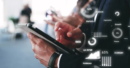 Digital tablet, overlay and stock information for hands of programmer with cybersecurity for finance. Online graph, ux research and data technology dashboard for person coding with web analytics - Powered by Adobe