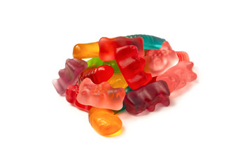 Assorted colorful gummy candies isolated on a white background. Top view. Jelly  sweets.
