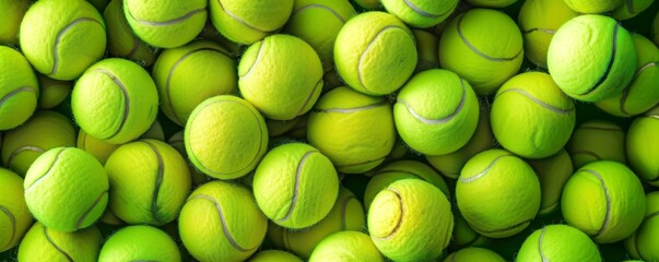 Close up view of many tennis green balls, sport concept banner. Generative AI.