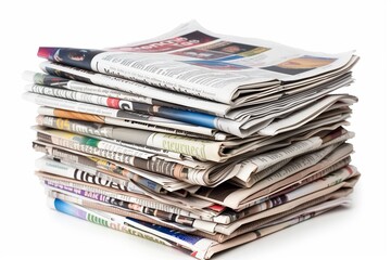Assorted Newspapers Stack on White Background