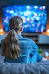 Obraz premium Young woman relaxing on sofa, watching television in living room, back view angle