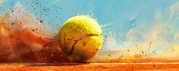 Tennis ball is falling on the ground , sport concept banner. Generative AI.