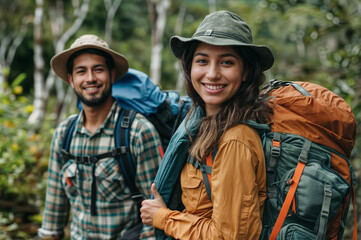 Fototapeta premium Happy young latin couple hikers ready to hiking with backpacks.