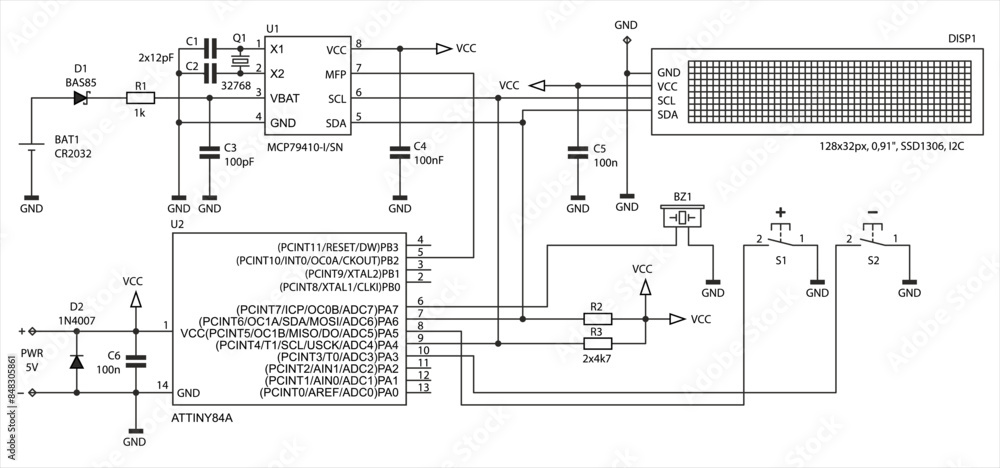 Aufkleber schematic diagram of electronic device on sheet of paper. vector drawing electrical circuit with res