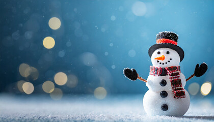 Fototapeta premium Close-up of miniature snowman standing in snow, blue backdrop. Merry Christmas, Happy New Year