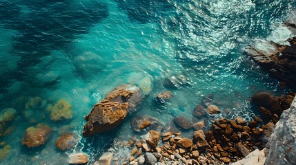 Naklejka premium An aerial view of a rocky beach with blue and green tones