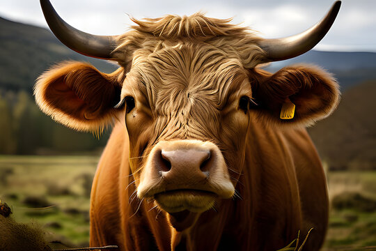 A gentle giant grazes peacefully in a sun-drenched field. Its coat is a rich, warm brown, and its eyes are soft and gentle. The cow stands tall and proud, its hooves planted firmly on the ground.