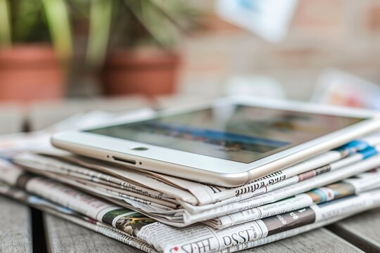 News Website Tablet on Stack of Fake Newspapers: Faux Content Showcase