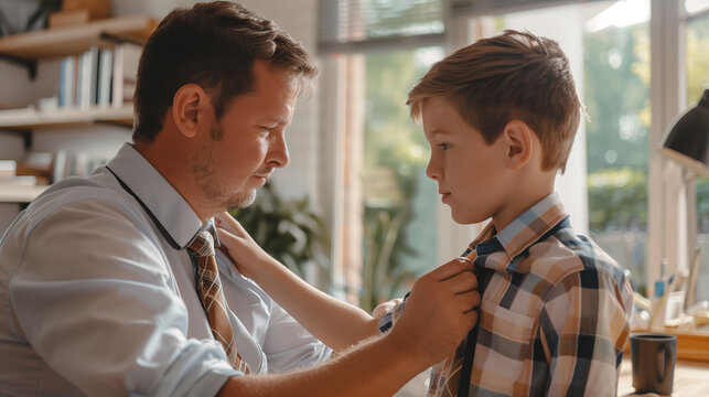 Father Teaching Son to Tie a Tie at Home, Bonding fatherhood Moment, Bring Your Child to Work Day Concept