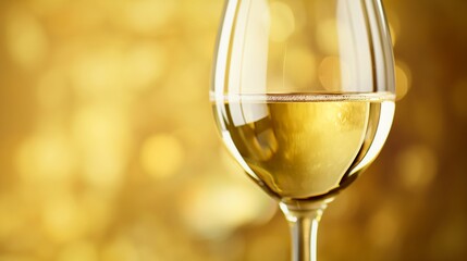 Close up of glass of white wine on a golden background. Image for a vineyard or wine shop. Romantic concept, banner with copy space.