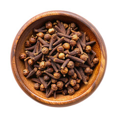 Obraz premium Cloves spice in a wood ash bowl isolated on transparent background 