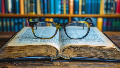 Chic eyeglasses by a book with a bookshelf in the background for a sophisticated look