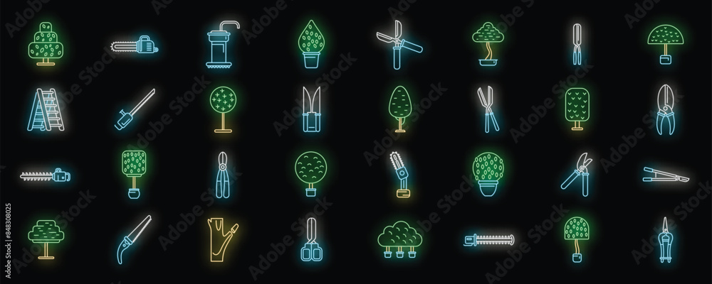 Poster tree trimming icons set outline vector. chainsaw tree. work forest neon color on black