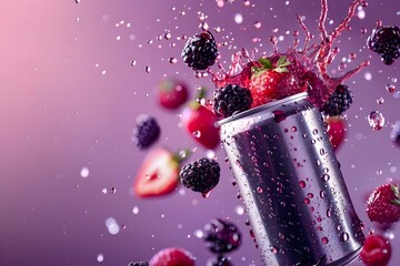 Chilled Silver Aluminum Sparkling Mixed Berry Juice Can Mockup with Splashing Berries and Liquid