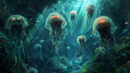 Fototapeta premium Huge glowing jellyfish underwater among corals. Illustration of large jellyfish swimming in the ocean. Undersea world. Background for design.