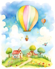 Cheerful Hot Air Balloon Floating Above Idyllic Countryside Landscape with Charming Homes and Playful Animals