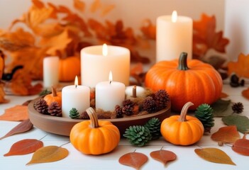 A flat lay of pumpkins, candles, and dried leaves on a white background