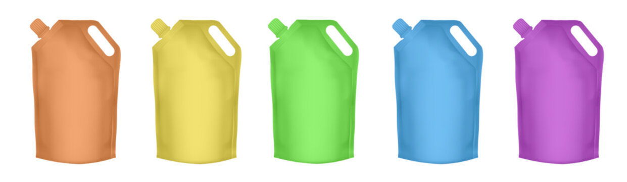 Spouted pouch with handle. Set of orange, yellow, green, blue and purple doypack packaging with screw cap. Stand up doy pack mock up set. Laundry detergent refill