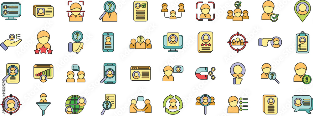 Poster know your client icons set outline vector. card cms. data customer thin line color flat on white
