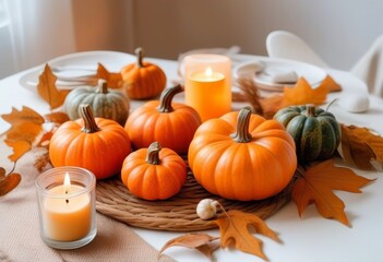 A flat lay of pumpkins, candles, and dried leaves on a white background